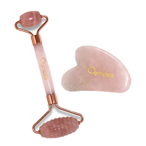 Osmosis Professional Rose Quartz Facial Roller and Gua Sha on white background