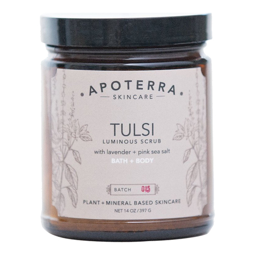 APOTERRA Tulsi Luminous Scrub with Lavender + Pink Sea Salt, 397g/14 oz