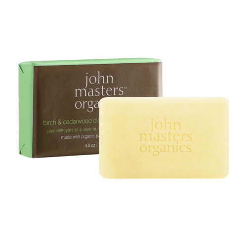 John Masters Organics Birch and Cedarwood Cleansing and Shaving Bar on white background