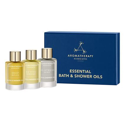 Aromatherapy Associates Essential Bath and Shower Oils (Relax, De-stress, Revive) Set on white background