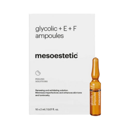 Mesoestetic Glycolic + E + F Ampoules on white background
