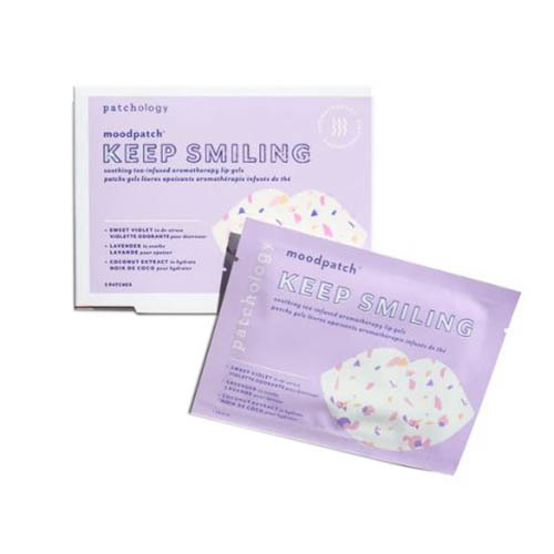 Patchology Keep Smiling Tea - Infused Violet and Lavender Aromatherapy Lip Gel Pack on white background