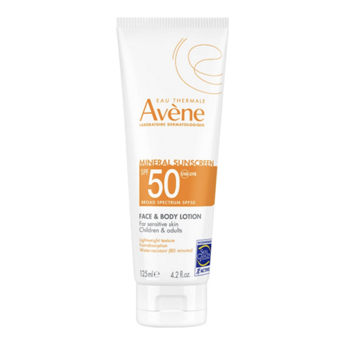 Avene Mineral Sunscreen Face and Body Lotion SPF 50 on white background