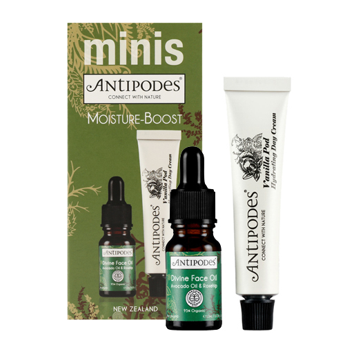 Antipodes  Moisture Boost Minis - Divine Face Oil and Vanilla Pod Hydrating Day Cream on white background