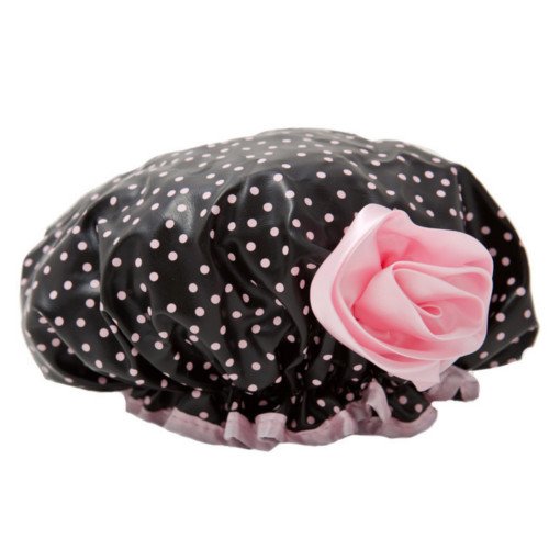 Bella Il Fiore Bath Diva Shower Cap - Black With Pink Dots/Pink Flower