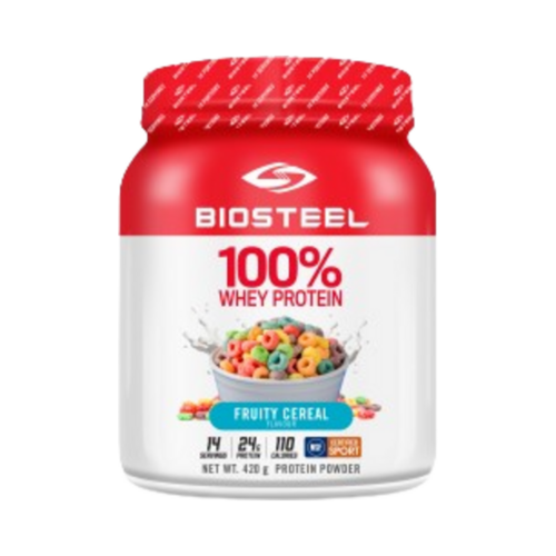 BioSteel 100% Whey Protein Fruity Cereal on white background