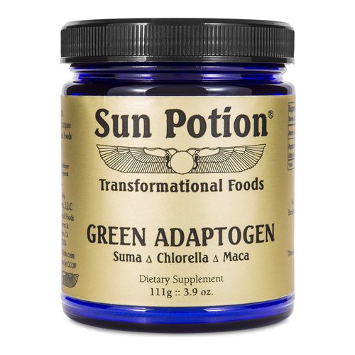 Sun Potion Green Adaptogen Chlorella/Maca/Suma Blend, 111g/3.9 oz Sun Potion Green Adaptogen Chlorella/Maca/Suma Blend on white background