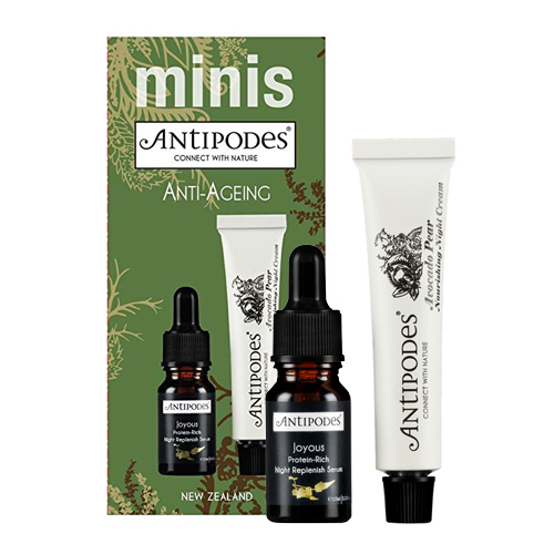 Antipodes Anti-ageing Minis - Joyous Night Replenishing Serum and Avocado Pear Nourishing Night Cream, 1 set Antipodes Anti-ageing Minis - Joyous Night Replenishing Serum and Avocado Pear Nourishing Night Cream on white background