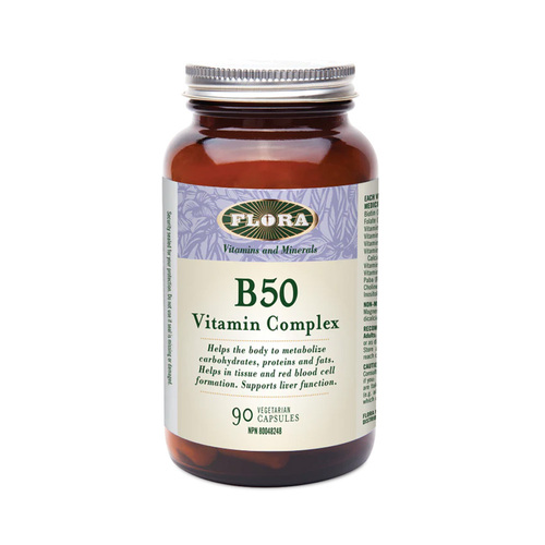Flora B 50 Vitamin Complex, 90 capsules Flora B 50 Vitamin Complex on white background