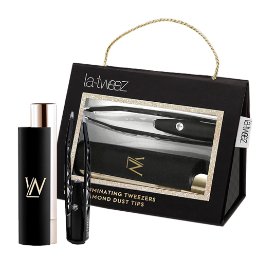LaTweez White Pro Illuminating Tweezers and Mirrored Carry Case With Diamond Dust Tips, 1 piece LaTweez Black Pro Illuminating Tweezers and Mirrored Carry Case With Diamond Dust Tips on white background