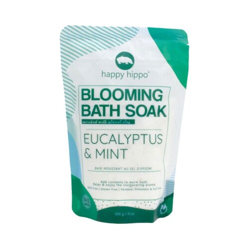 Happy Hippo Blooming Bath Soak Eucalyptus and Mint, 200g/7.05 oz Happy Hippo Blooming Bath Soak Eucalyptus and Mint on white background