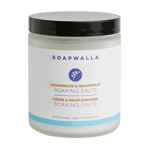 Soapwalla Cedarwood and Grapefruit Soaking Salts, 227g/8 oz Soapwalla Lavender and Eucalyptus Soaking Salts on white background
