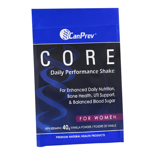 CanPrev Core Women's Single-Serve Pouch - Vanilla, 40g/1.4 oz CanPrev Core Womens Shake Box - Vanilla on white background