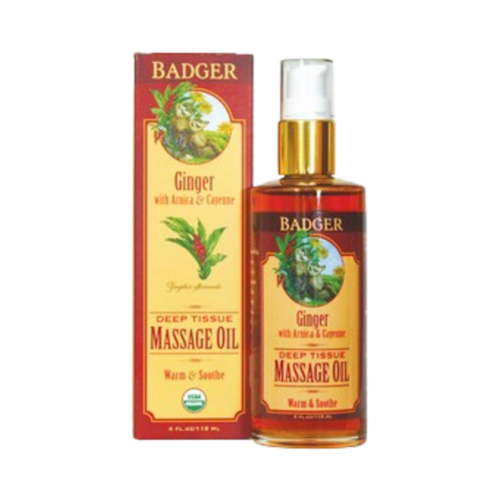 Badger Balms Ginger Deep Tissue Massage Oil on white background