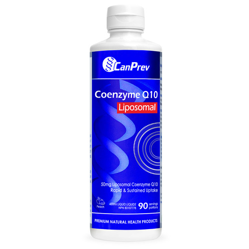 CanPrev Liposomal Coenzyme Q10 - Peach, 450ml/15.22 fl oz CanPrev Liposomal Coenzyme Q10 75mg - Citrus on white background