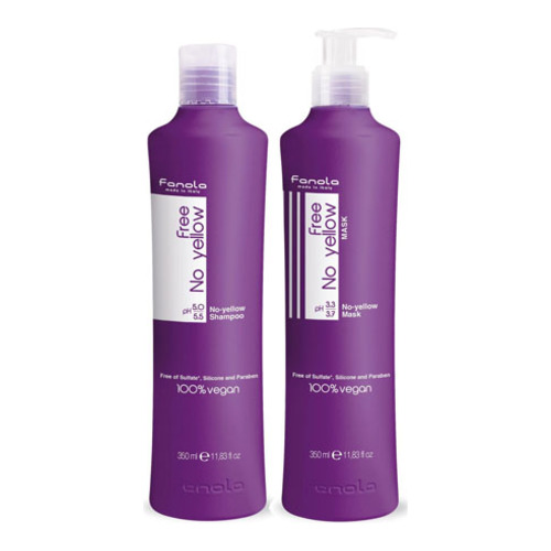 Fanola No Yellow Vegan Purple Shampoo + Mask Duo, 350 ml Fanola No Yellow Vegan Purple Shampoo + Mask Duo on white background
