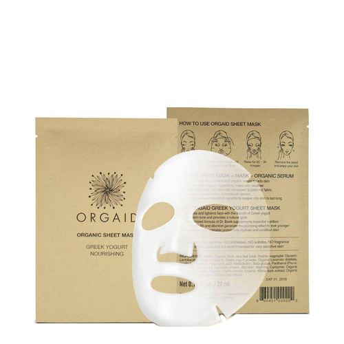 Orgaid Greek Yogurt and Nourishing Organic Sheet Mask | Single, 1 sheet Orgaid Greek Yogurt and Nourishing Organic Sheet Mask | Box on white background