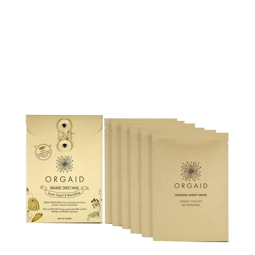 Orgaid Greek Yogurt and Nourishing Organic Sheet Mask | Single, 1 sheet Orgaid Greek Yogurt and Nourishing Organic Sheet Mask | Box on white background