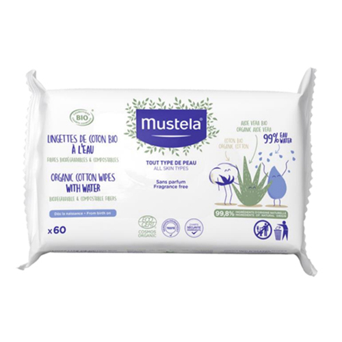Mustela Organic Cotton Wipes with Water, 60 sheets Mustela Organic Cotton Wipes with Water on white background