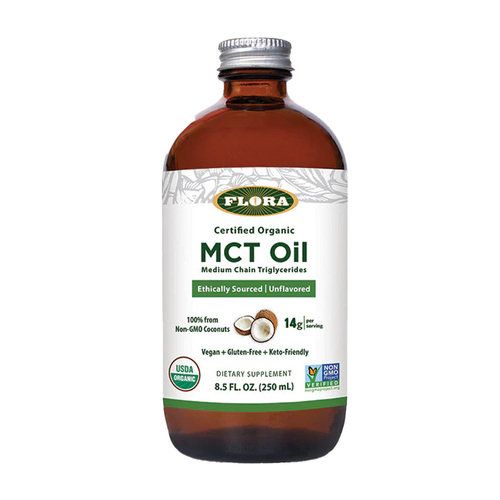 Flora Organic MCT Oil, 250ml/8.45 fl oz Flora Organic MCT Oil on white background