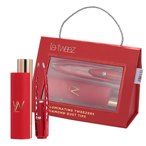 LaTweez Red Pro Illuminating Tweezers and Mirrored Carry Case With Diamond Dust Tips, 1 piece