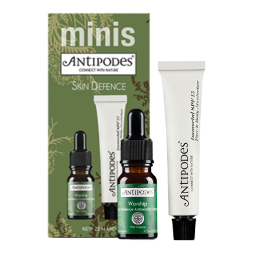 Antipodes  Skin Defence Minis - Worship Antioxidant Serum and Immortal SPF15 on white background