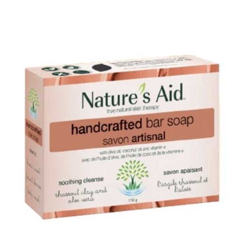Natures Aid Soothing Soap Bar - Rhassoul Clay on white background