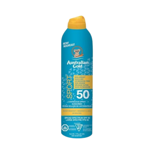 Australian Gold Sport Continuous Spray Sunscreen SPF 50 on white background