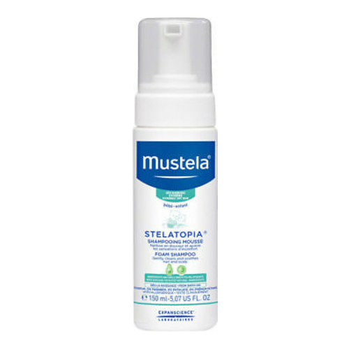 Mustela Stelatopia Foaming Shampoo on white background