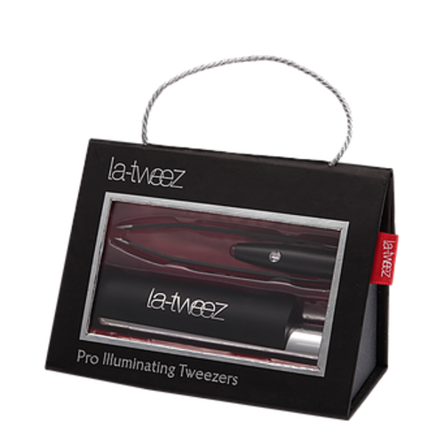 LaTweez Spring Pro Illuminating Tweezers with Lipstick Case and Triangle Box, 1 set LaTweez Black Pro Illuminating Tweezers with Lipstick Case and Triangle Box on white background