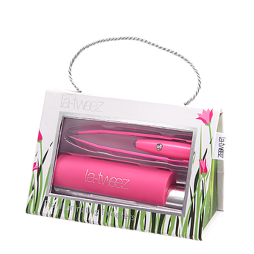 LaTweez Spring Pro Illuminating Tweezers with Lipstick Case and Triangle Box, 1 set LaTweez Black Pro Illuminating Tweezers with Lipstick Case and Triangle Box on white background