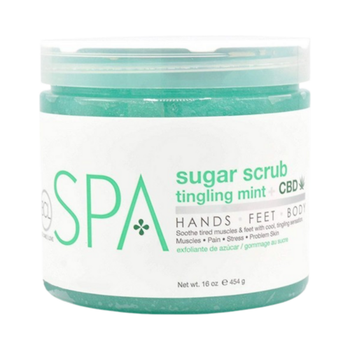 BCL Spa Tingling Mint and CBD Sugar Scrub, 454g/16.01 oz BCL Spa Tingling Mint and CBD Sugar Scrub on white background