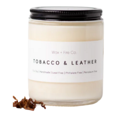 Wax + Fire Co. Tobacco Leather Soy Candle on white background