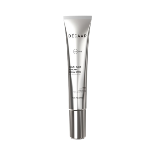 Decaar Youth Elixir Suncare Cream SPF50 on white background